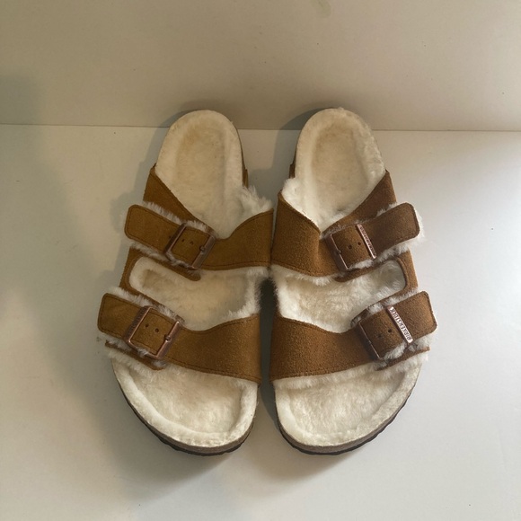 Birkenstock Arizona Shearling Suede Leather Slide in Mink NWOT - Picture 7 of 14